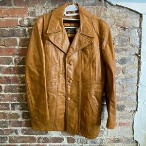 Genuine Leather Vintage 1970s Faux Fur Removable Liner Carmel Jacket • SIZE 40